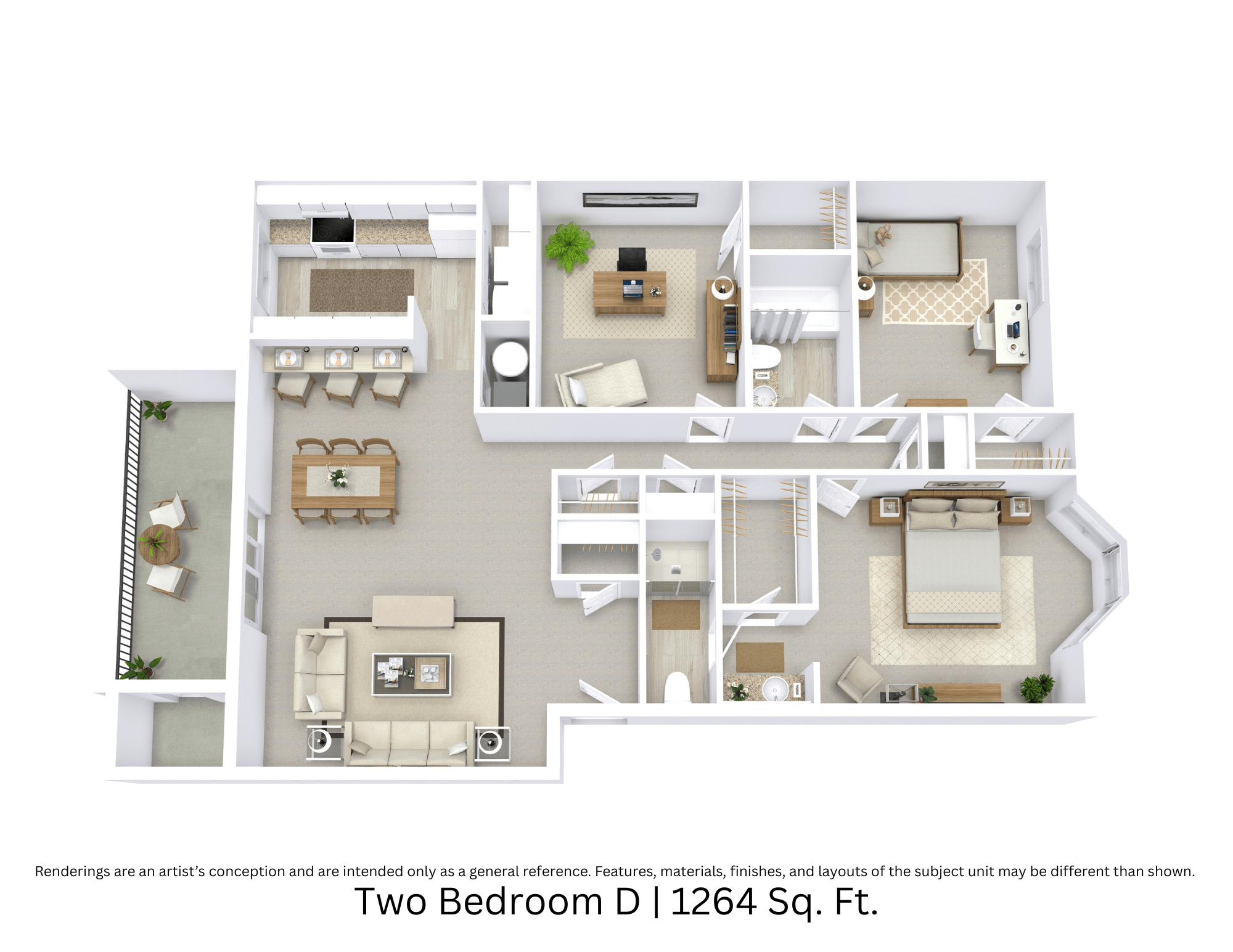 Floor plan for 2 beds, 2 baths, 1263 sqft